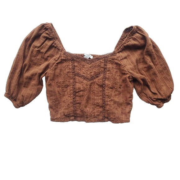American Eagle Embroidered Crop Top Sz S Brown Boho Peasant Smocked Lace 3843 - Picture 4 of 10